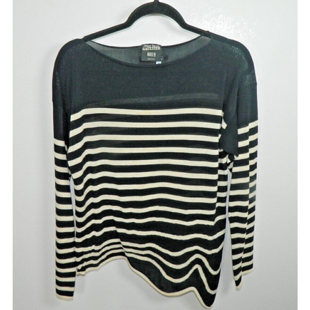 Jean Paul GAULTIER Sweater Medium Blue White Striped‎ Knit Asymmetric Wave Hem